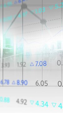 Animation of financial data and graph over grey background and cityscape