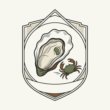 Engrave of Vintage Oyster and Crab Illustration Badge Logo. EPS Editable. Vector Illustrations.