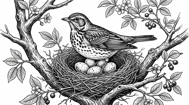 Vintage engraving of a bird sitting on a nest with eggs in a tree
