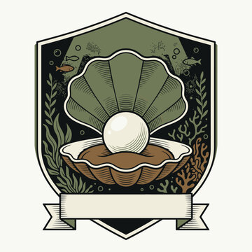 Engrave of Vintage Oyster Shell with Pearl Emblem Badge. EPS Editable. Vector Illustrations.