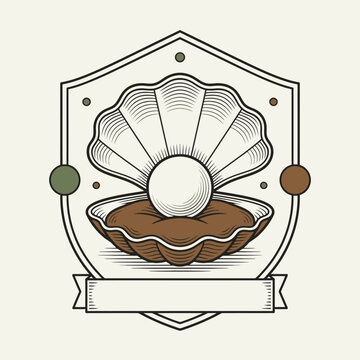 Engrave of Vintage Oyster Shell with Pearl Emblem Badge Illustration. EPS Editable. Vector Illustrations.