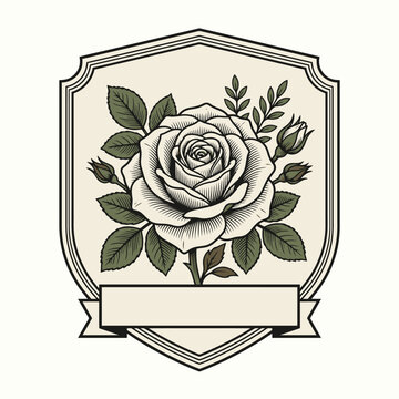 Engrave of Vintage rose emblem vector illustration with floral elements and banner. EPS Editable. Vector Illustrations.
