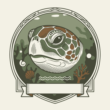 Engrave of Vintage sea turtle illustration inside a round emblem with banner. EPS Editable. Vector Illustrations.