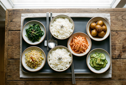 Koreanische Alltagsmahlzeit mit mehreren Banchan