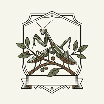 Engrave of Vintage praying mantis illustration with leaves and branch framing. EPS Editable. Vector Illustrations.