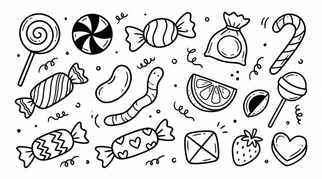 Hand drawn candy and sweet treats doodle icons set