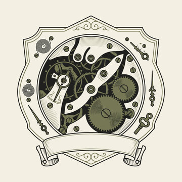 Engrave of Vintage Steampunk Clockwork Mechanism Illustration with Gears and Cogs. EPS Editable. Vector Illustrations.