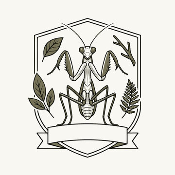 Engrave of Vintage vector illustration of a praying mantis inside a botanical crest emblem. EPS Editable. Vector Illustrations.