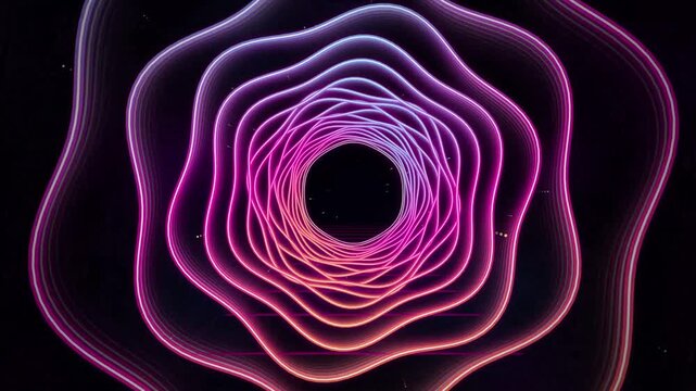 Abstract neon tunnel in wavy flower shape with glowing violet and pink gradient lines moving in dynamic loop against black background for modern backdrop.