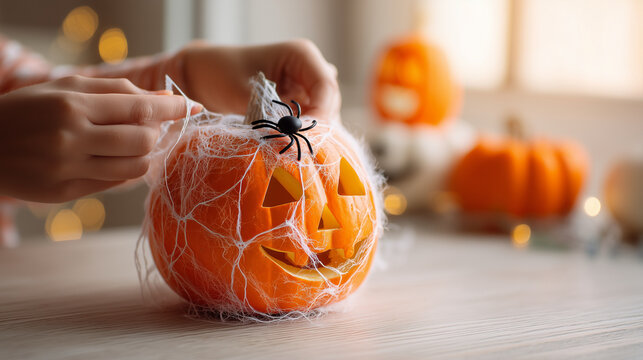 Hands decorate a carved Halloween pumpkin with artificial spider web and a black spider, creating a festive seasonal scene with pumpkins and warm autumn lighting.