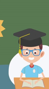 Boy with graduation hat icon against cloud and sun icon