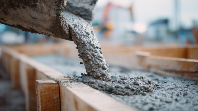 Fresh wet concrete flowing into a construction form, illustrating foundation work, structural engineering, building construction, infrastructure development and professional concrete pouring.