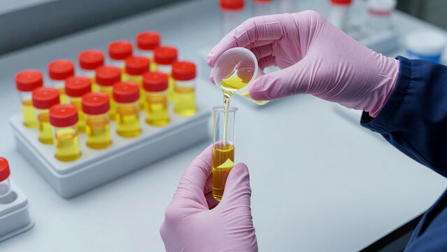 Laboratory technician pouring urine sample into test tube, healthcare diagnosis and clinical screening
