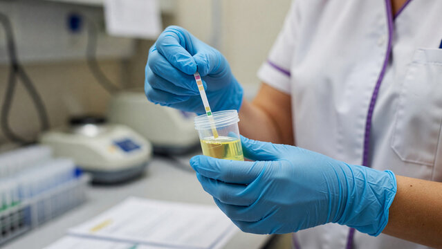 Medical worker dipping test strip into urine specimen cup in laboratory, healthcare diagnosis and clinical screening