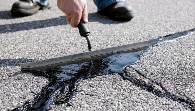 Worker repairing asphalt road with squeegee and black tar sealant