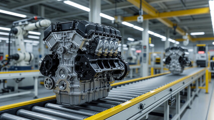 Fototapeta premium Car engine on conveyor belt in robotic factory, vehicle manufacturing and industrial production