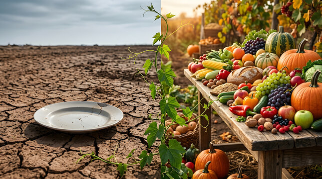 Juxtaposition of a barren, cracked earth with an empty plate contrasted against a bountiful harvest of fresh fruits and vegetables.