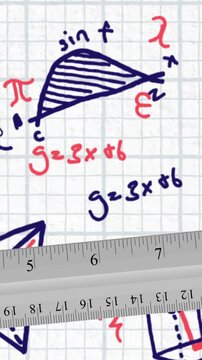 Ruler against mathematical equations and diagrams on square lined paper