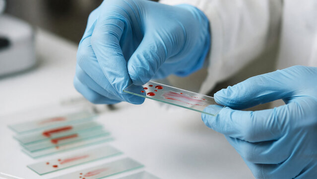 Gloved hands holding glass slide with blood smear in laboratory, medical diagnostics and hematology research