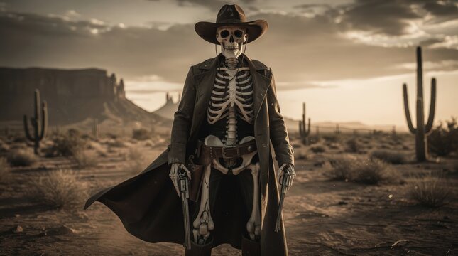 A skeleton dressed as a cowboy stands in a desert landscape with cacti and mesas under a cloudy sky.