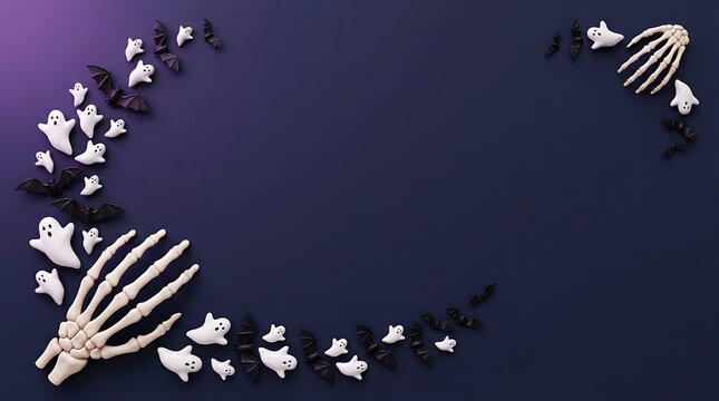 Halloween Ghost Bat and Skeleton Hand Border on Dark Blue Background with Copy Space