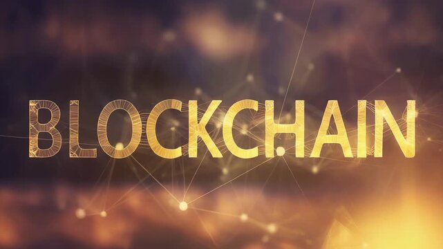 Golden Blockchain Network Expanding in Fiery Digital Atmosphere with Glowing Particles
