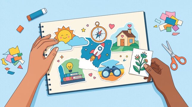 Hands arrange colorful cutouts in a spiral notebook to create a vision board. Concept of goal setting and creative self discovery. Ideal for educational materials or personal growth blogs.