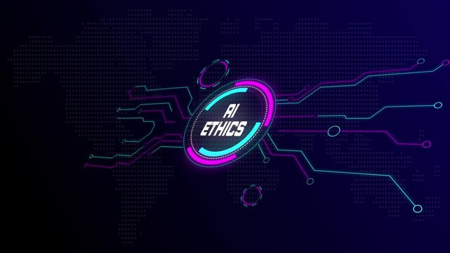 Managing AI ethics concepts displayed on a futuristic technology interface screen with secure digital data icons.