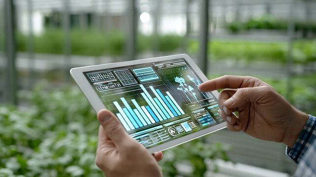 Farmer Hands Holding Digital Tablet with Data Analytics Dashboard in Modern Greenhouse