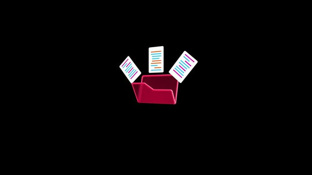 Pink glowing folder opening with documents expanding on transparent background. Animated report and file management UI icon.