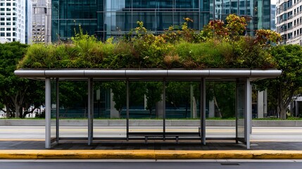 Fototapeta premium Modern bus stop shelter with green roof and glass panels set against urban glass buildings under daylight