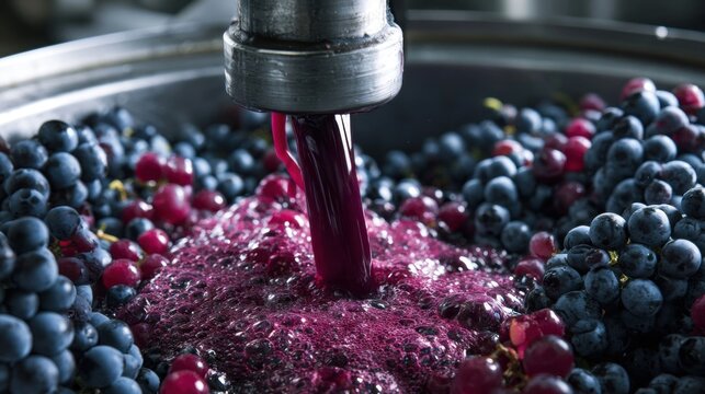 A stainless steel press extruding deep purple juice from crushed dark grapes in a winemaking tank