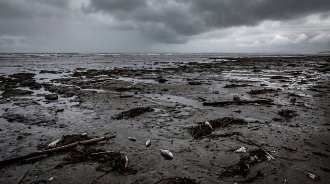Polluted beach with debris and dead fish after a storm under a dark cloudy sky.