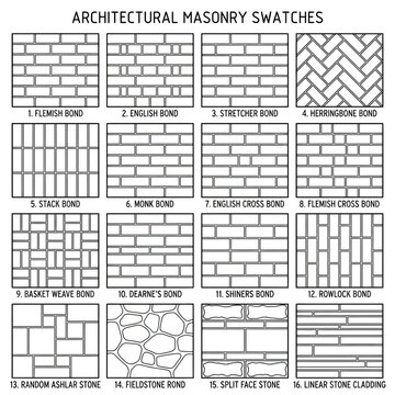 Technical architectural masonry swatches showing various brick patterns and wall bond types for professional stone construction and building design.