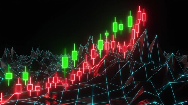 Abstract blue wireframe digital landscape loop with low poly mountain terrain in deep black cyberspace environment for technology