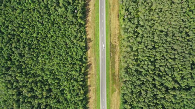 Aerial view of a straight road cutting through a dense green forest with a single vehicle driving along the asphalt in Russia.