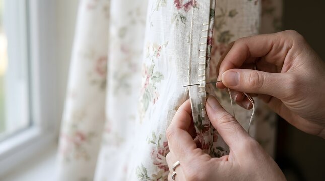 Close-up of hands hand sewing floral pattern curtain hem with needle and thread by window, tailor alteration, homemade craft, detailed textile repair project, soft natural lighting