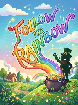 Colorful follow the rainbow lettering with leprechaun, treasure pot, clover meadow, cottage, stars, and rainbow trail celebrating St. Patricks Day