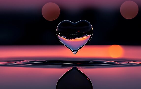 Heart-shaped water droplet with a sunset reflection; water ripples. Dreamy