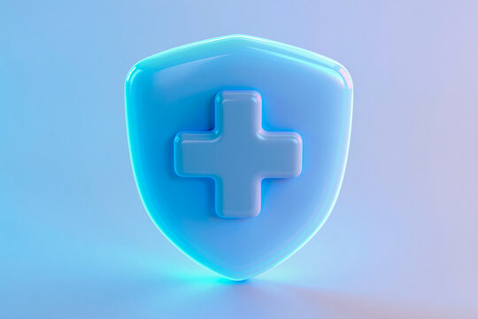 3D render of glowing cyan medical cross shield for healthcare insurance, medical security, and immune protection concept