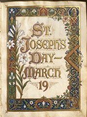 Naklejka premium Ornate illuminated manuscript page displaying Saint Joseph and Mary with infant Jesus, floral borders, religious symbols, and medieval calligraphy celebrating Saint Josephs Day on March 19