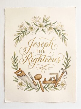 Joseph the Righteous religious greeting card with lilies, leafy botanical border, and traditional woodworking tools symbolizing faith, craftsmanship, devotion, and celebration