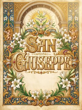 Ornate vintage Christmas greeting card with lilies, angels, dove, crown, and decorative religious border. Traditional holiday celebration design for seasonal invitation and print