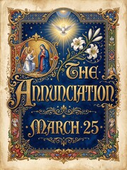Fototapeta premium Ornate illuminated Easter greeting card with angel announcing to Mary, dove, lilies, gold lettering, and March 25 date. Religious medieval manuscript design for seasonal celebration.