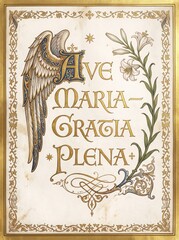 Fototapeta premium Vintage illuminated manuscript page with angel wing, lily and ornate border framing Ave Maria prayer text. Religious Christian artwork for devotional decor and sacred celebration