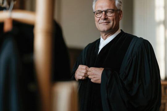 A confident judge adjusts his robe before a court session, embodying the integrity of the judiciary and the profound responsibility that comes with delivering justice in society.