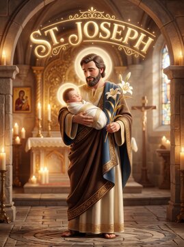 Saint Joseph holding baby Jesus and lilies inside a candlelit church. Christian nativity scene symbolizing fatherhood, protection, faith, and devotion for religious celebration design.