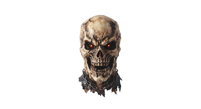 Evil demonic skull with glowing red eyes and chains