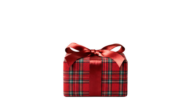 Red plaid gift box with satin ribbon bow isolated