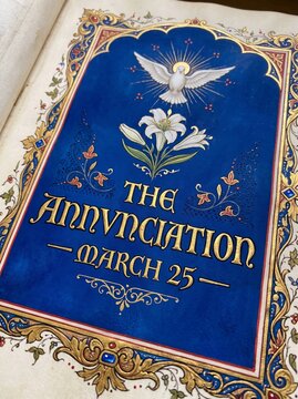 Ornate religious book cover with white dove and lily above anniversary inscription dated March 25. Christian tradition, sacred art, ceremonial publication, and historic decorative design.